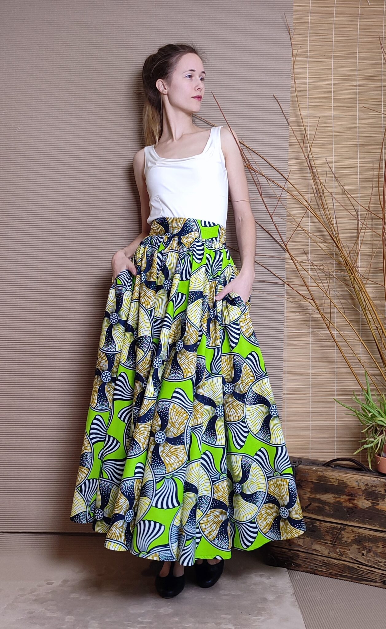 Dlouhá sukně s šátkem - Africa jasně zelená s koly