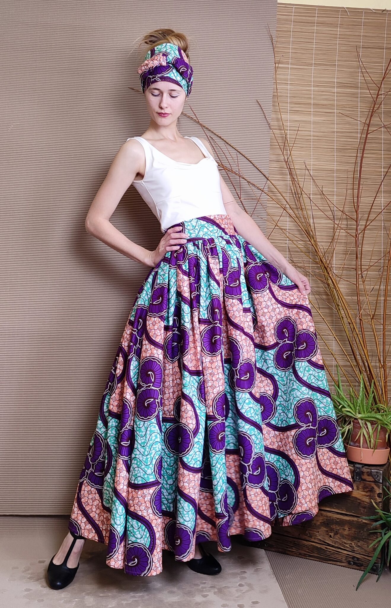 Dlouhá sukně s šátkem - Africa modrorůžová s fialovými květy