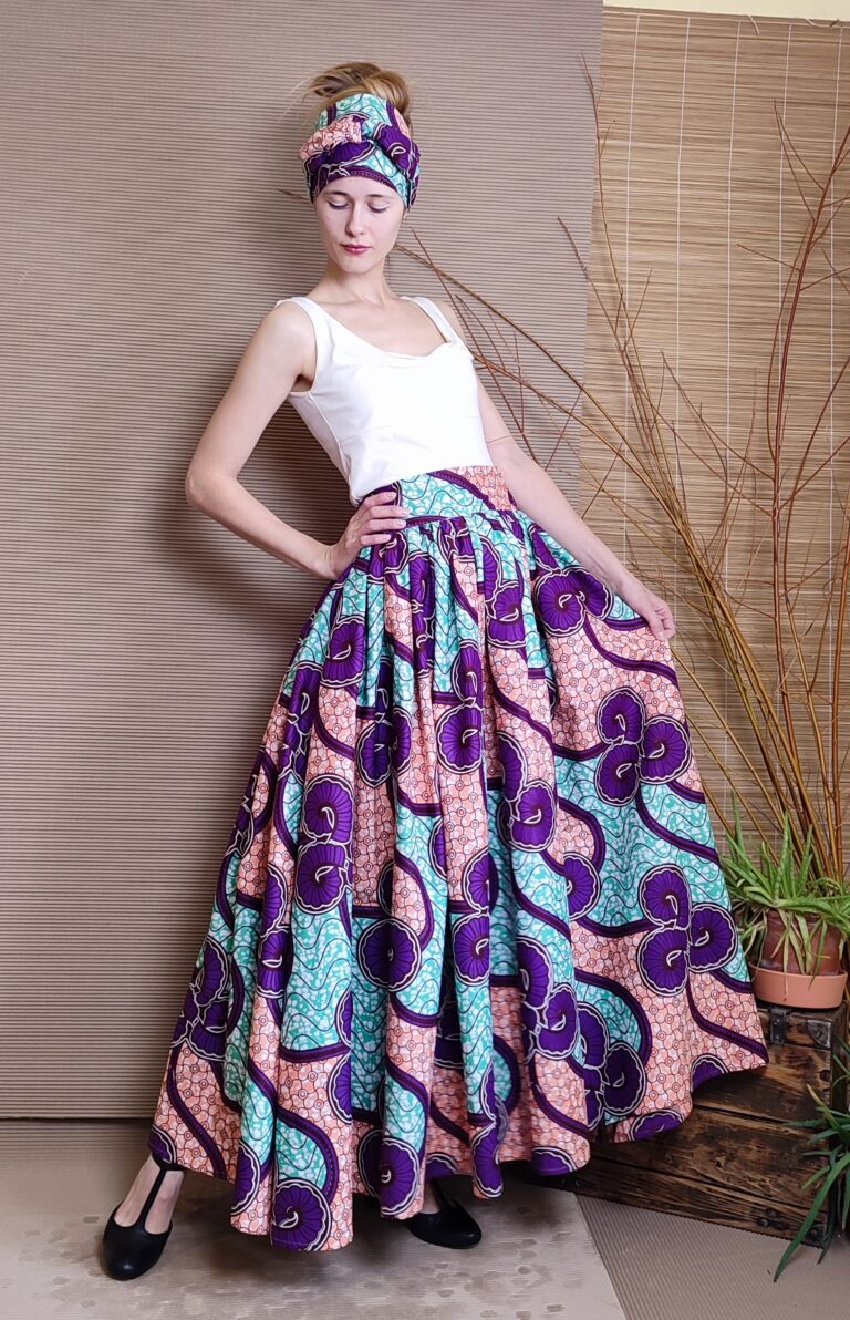 Dlouhá sukně s šátkem - Africa modrorůžová s fialovými květy