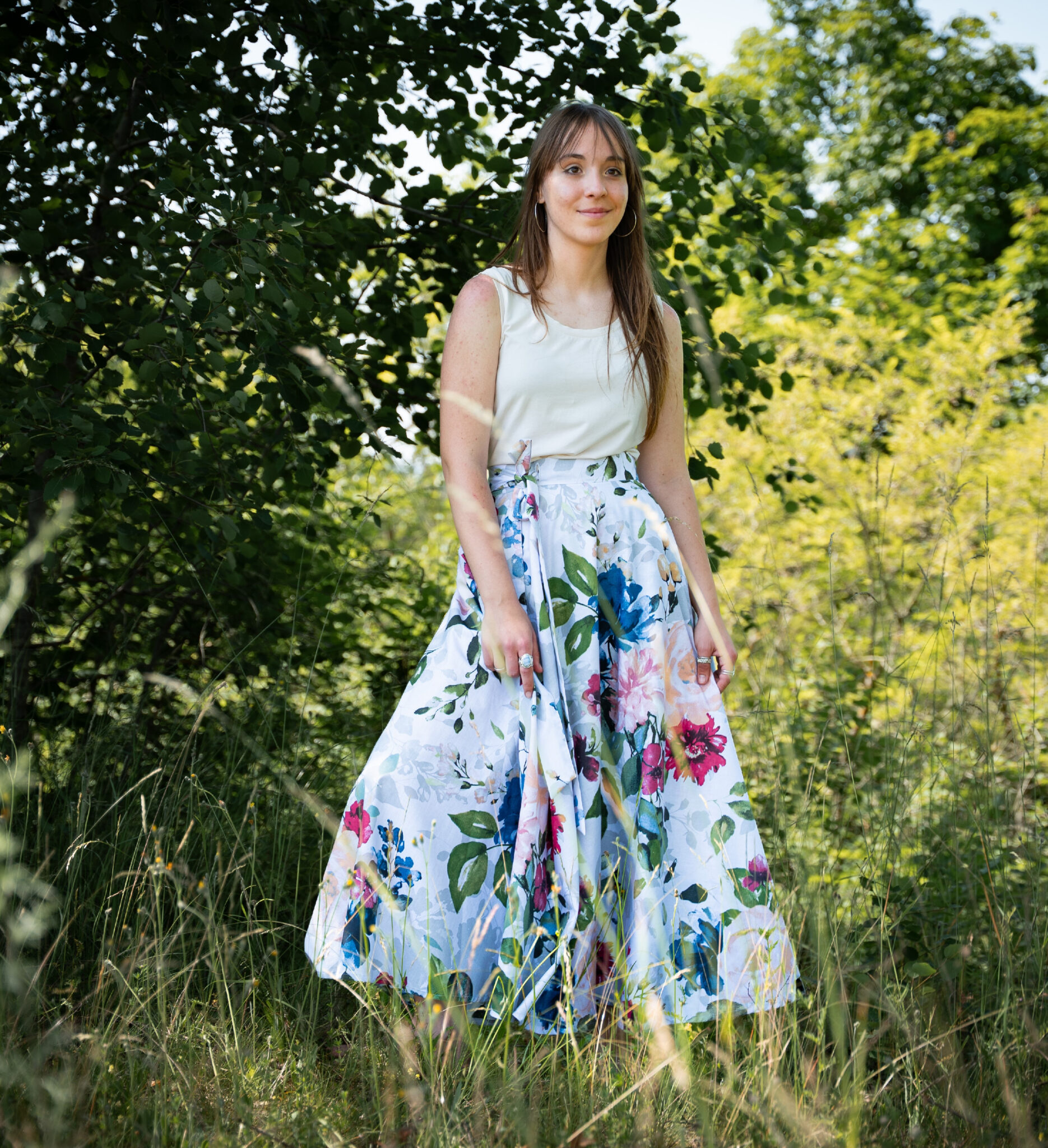 Dlouhá, zavinovací kolová sukně - akvarelové květy