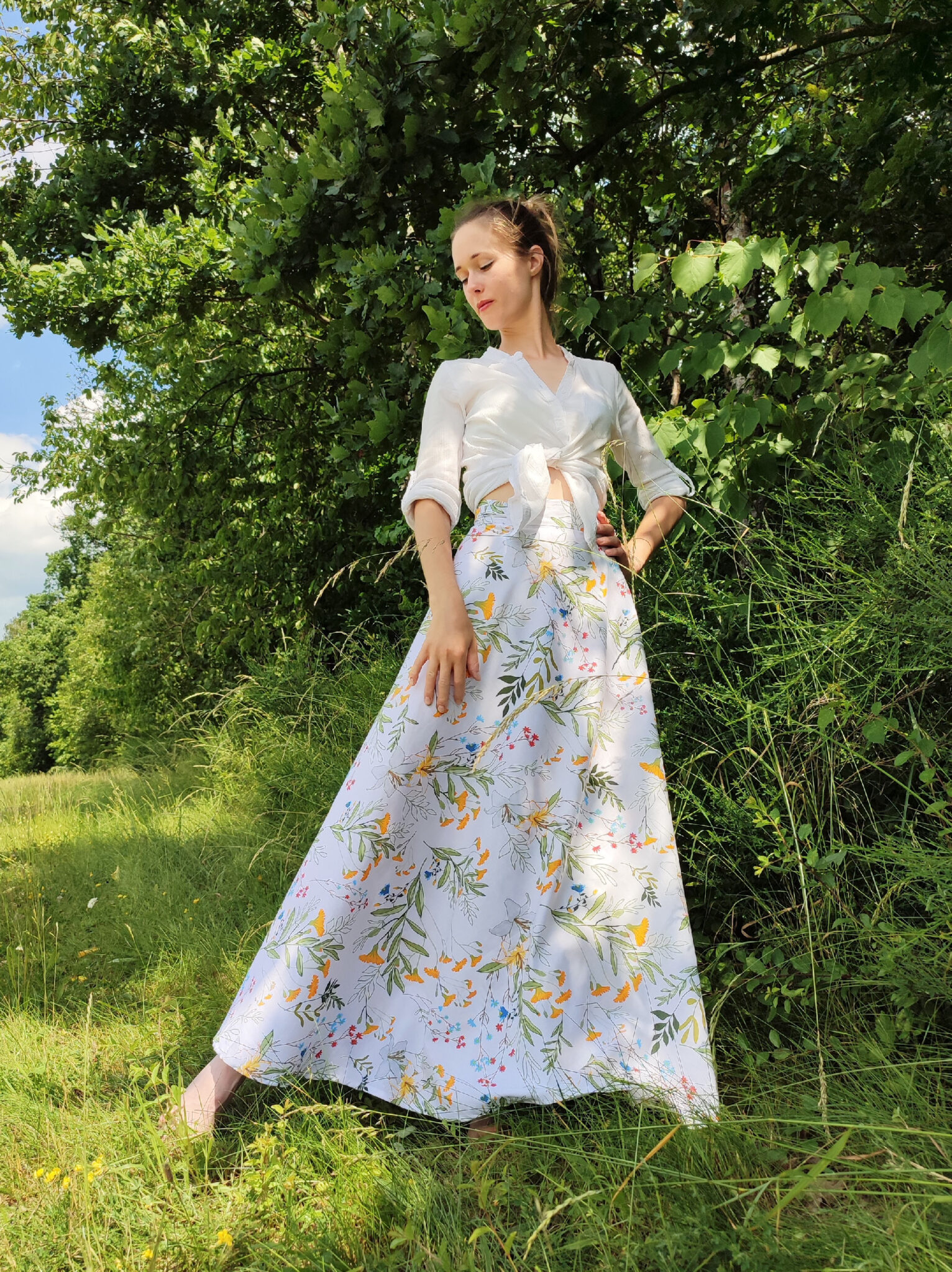 Dlouhá půlkolová sukně - louka