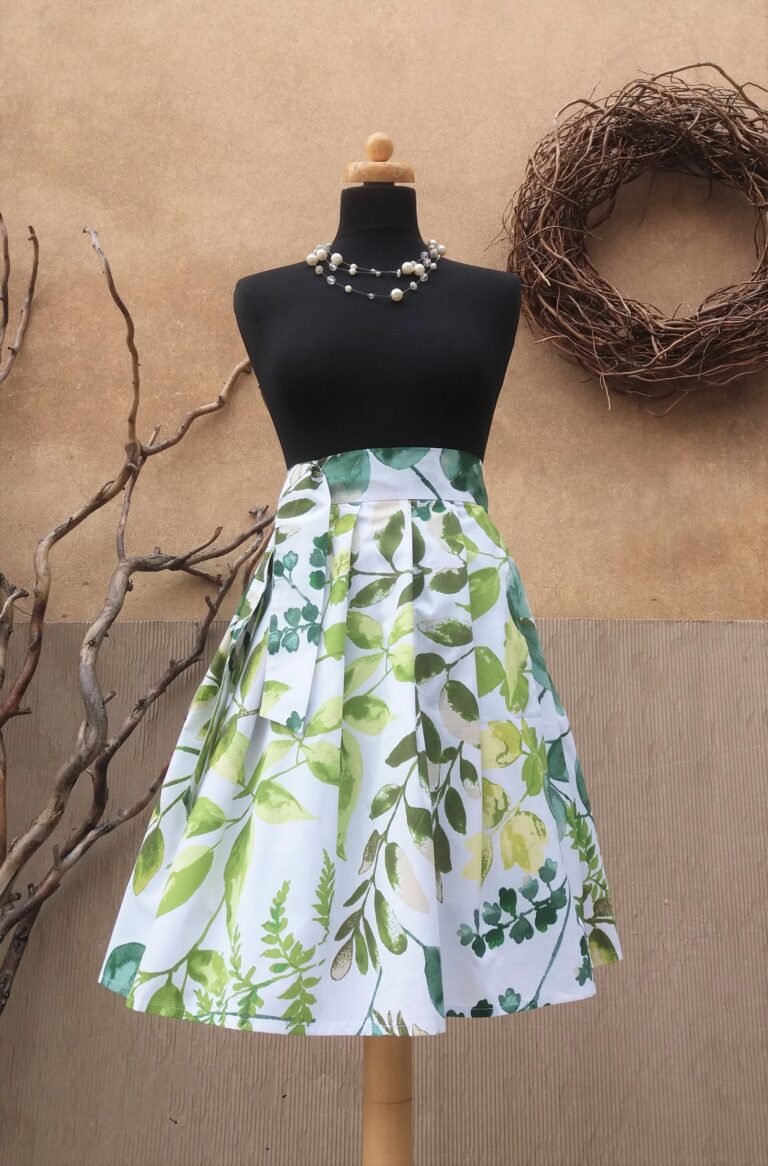 Midi akvarelová, zavinovací sukně - zelené listy midi