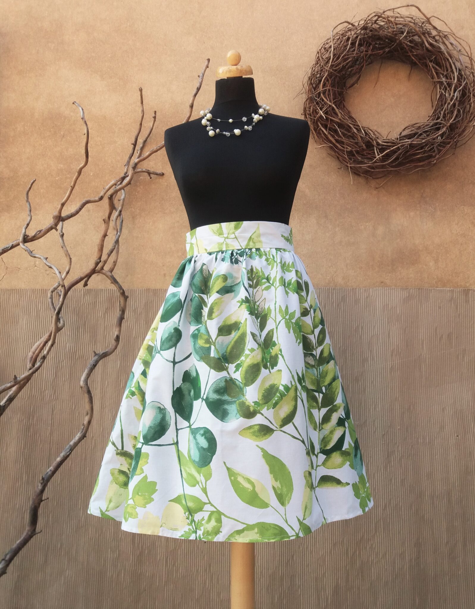 Akvarelová sukně zip - zelené listy