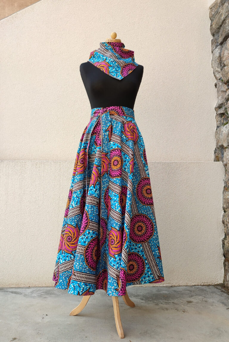 Dlouhá zavinovací kolová sukně - Africa tyrkys s růžovou mandalou