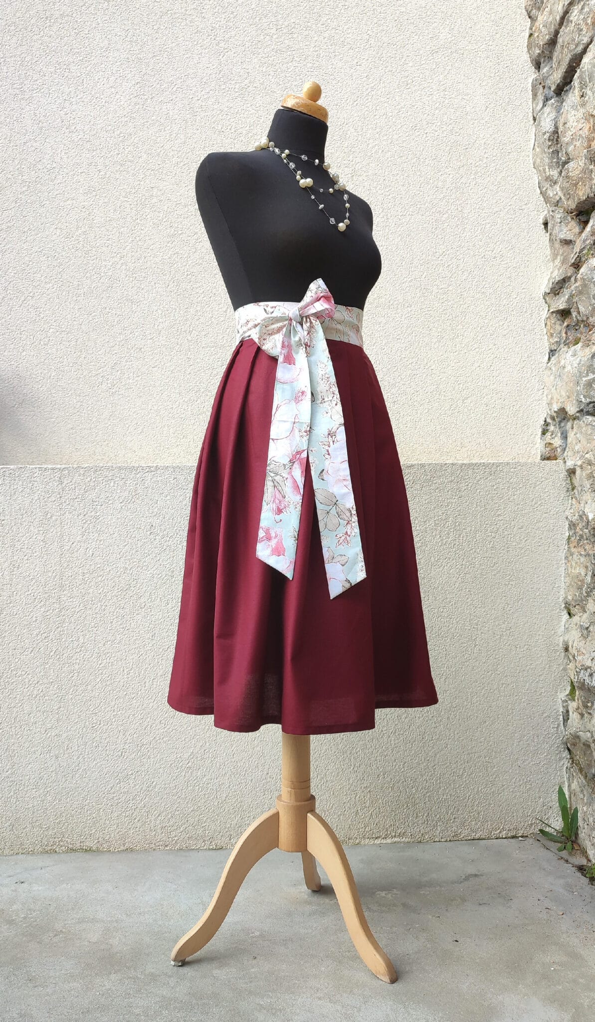 Zavinovací midi sukně - bordó s mentolovým páskem