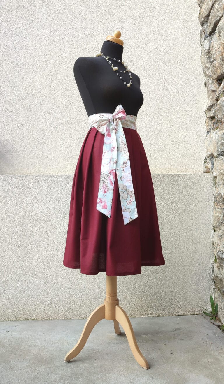 Zavinovací midi sukně - bordó s mentolovým páskem