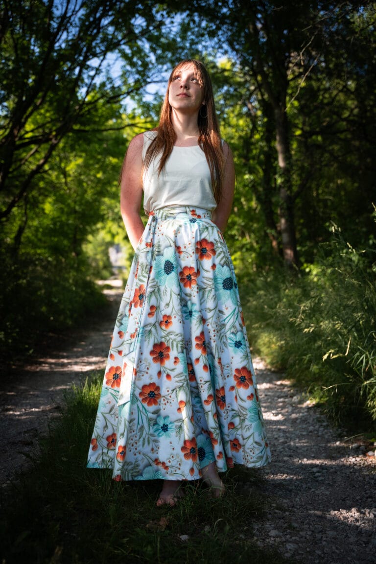 Dámská, dlouhá, zavinovací kolová sukně - 5D květy