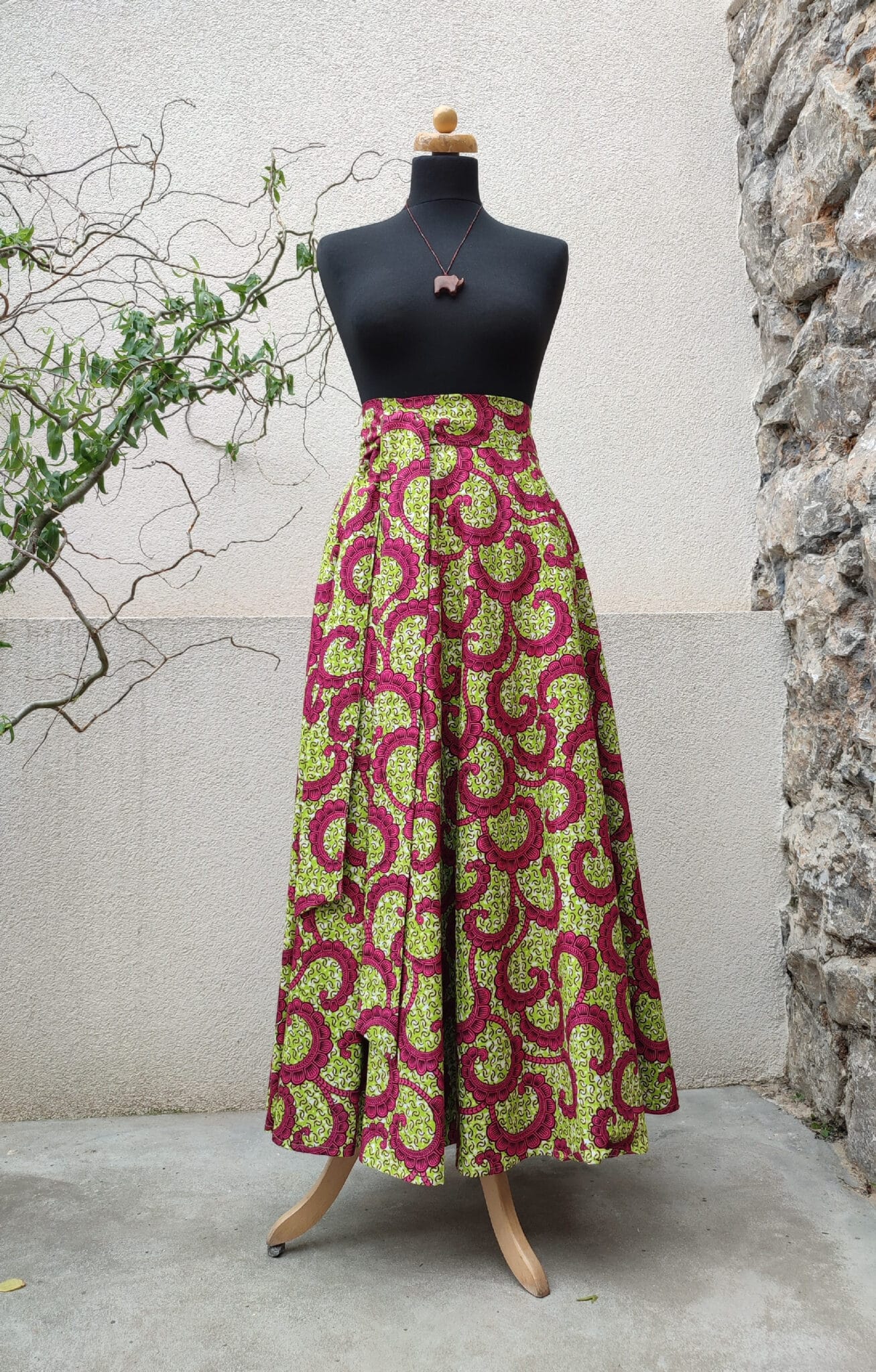 Dámská dlouhá, zavinovací sukně - zelená s kudrlinkami