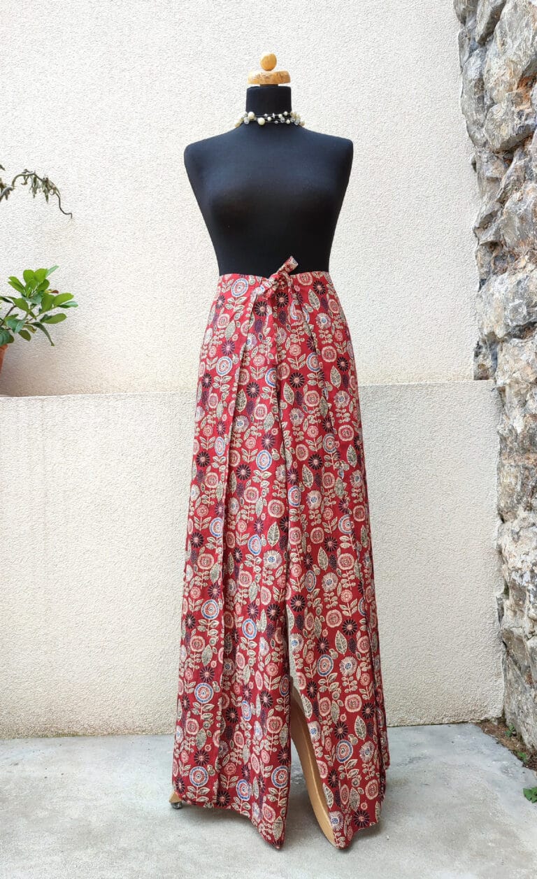 Dámské zavinovací kalhoty - bordó s květy