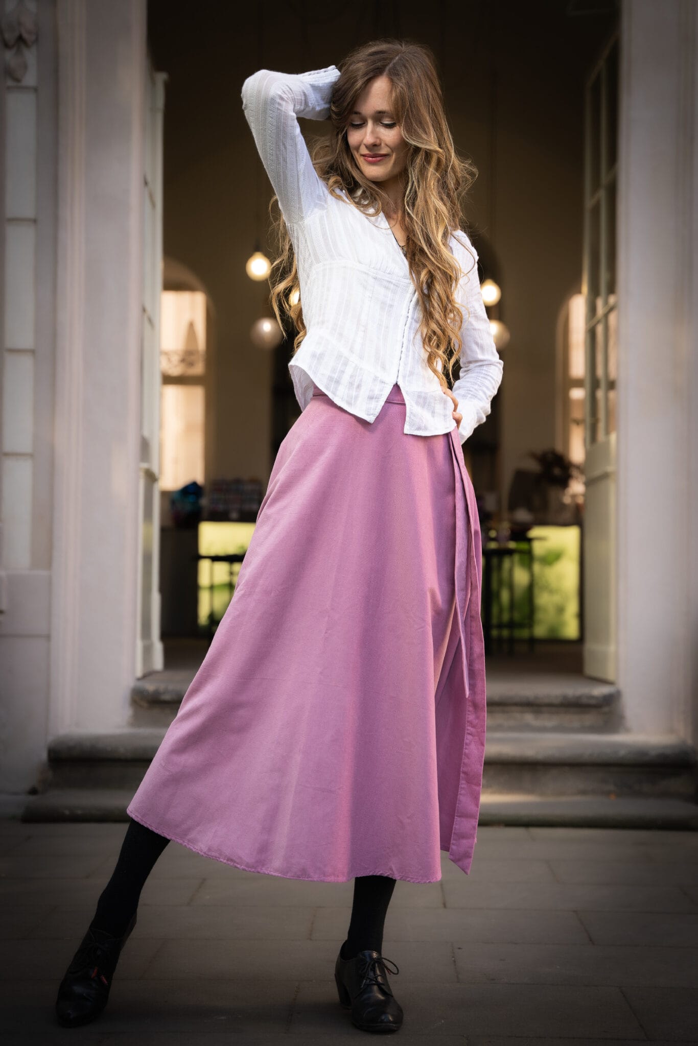 Midi zavinovací půlkolová sukně- starorůžová