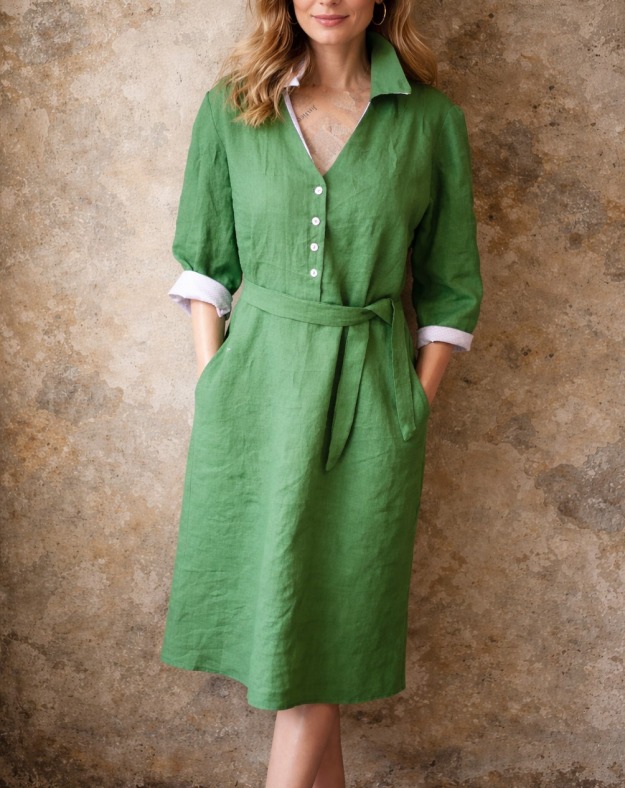 Lněné šaty košilového střihu zelené
