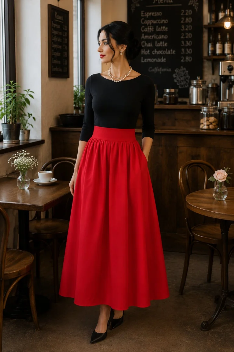 Dlouhá nabíraná sukně s kapsami - červený len