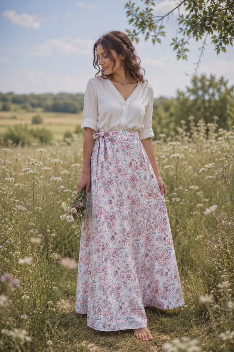 Dlouhá půlkolová sukně - bílá káva s kvítky