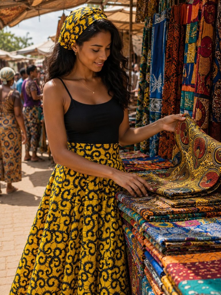 Dlouhá africká zavinovací sukně kolového střihu