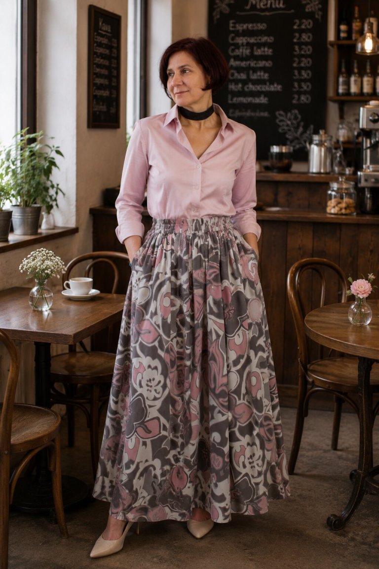 Dlouhá nabíraná sukně s kapsami - růžové ornamenty