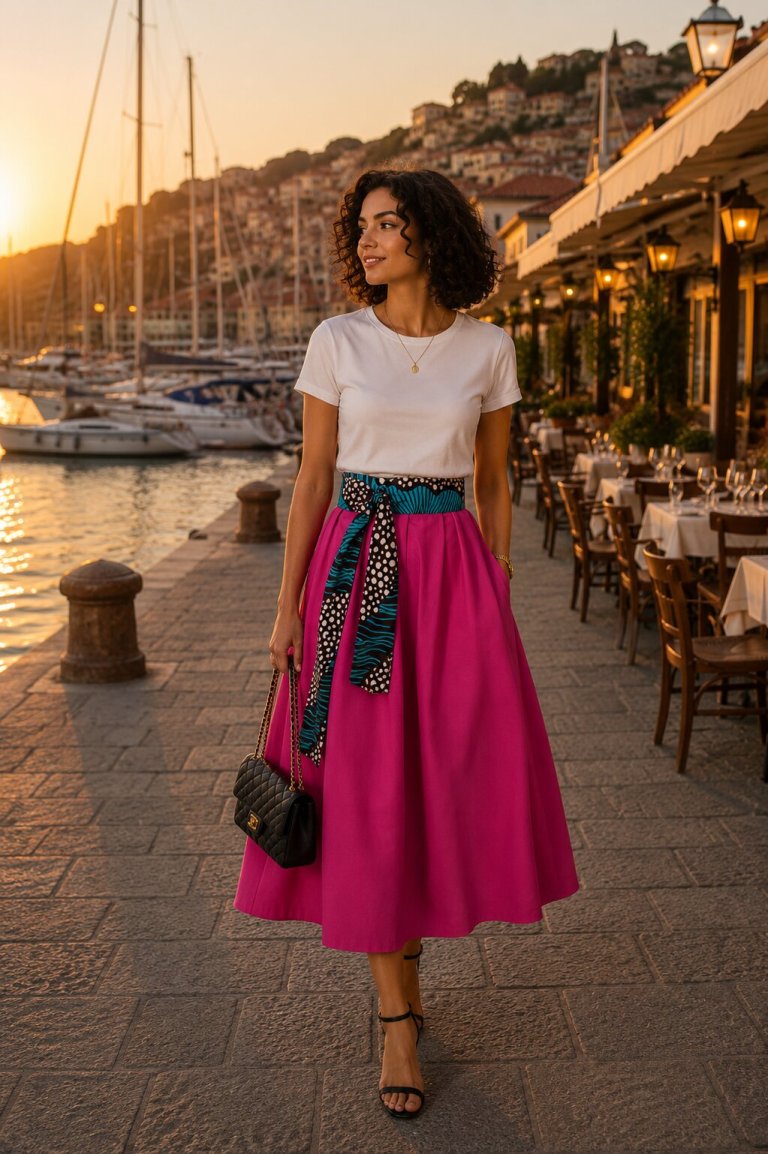 Dlouhá zavinovací sukně - magenta s africkým páskem