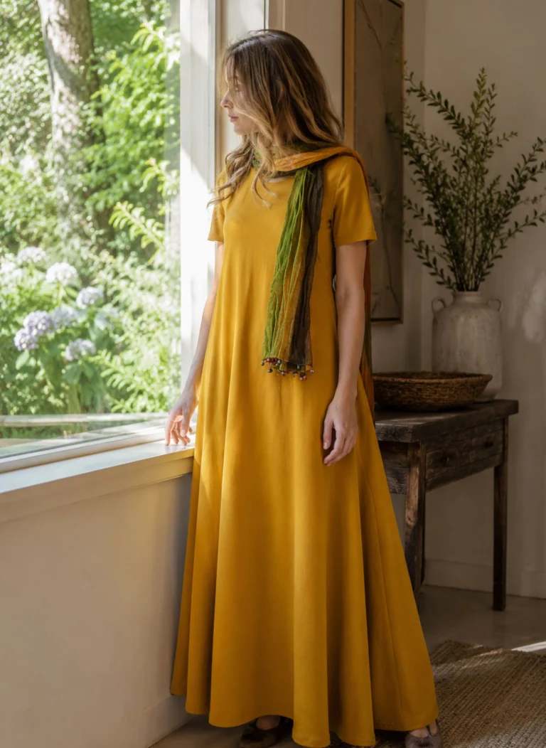 Elegantní dlouhé hořčicové šaty