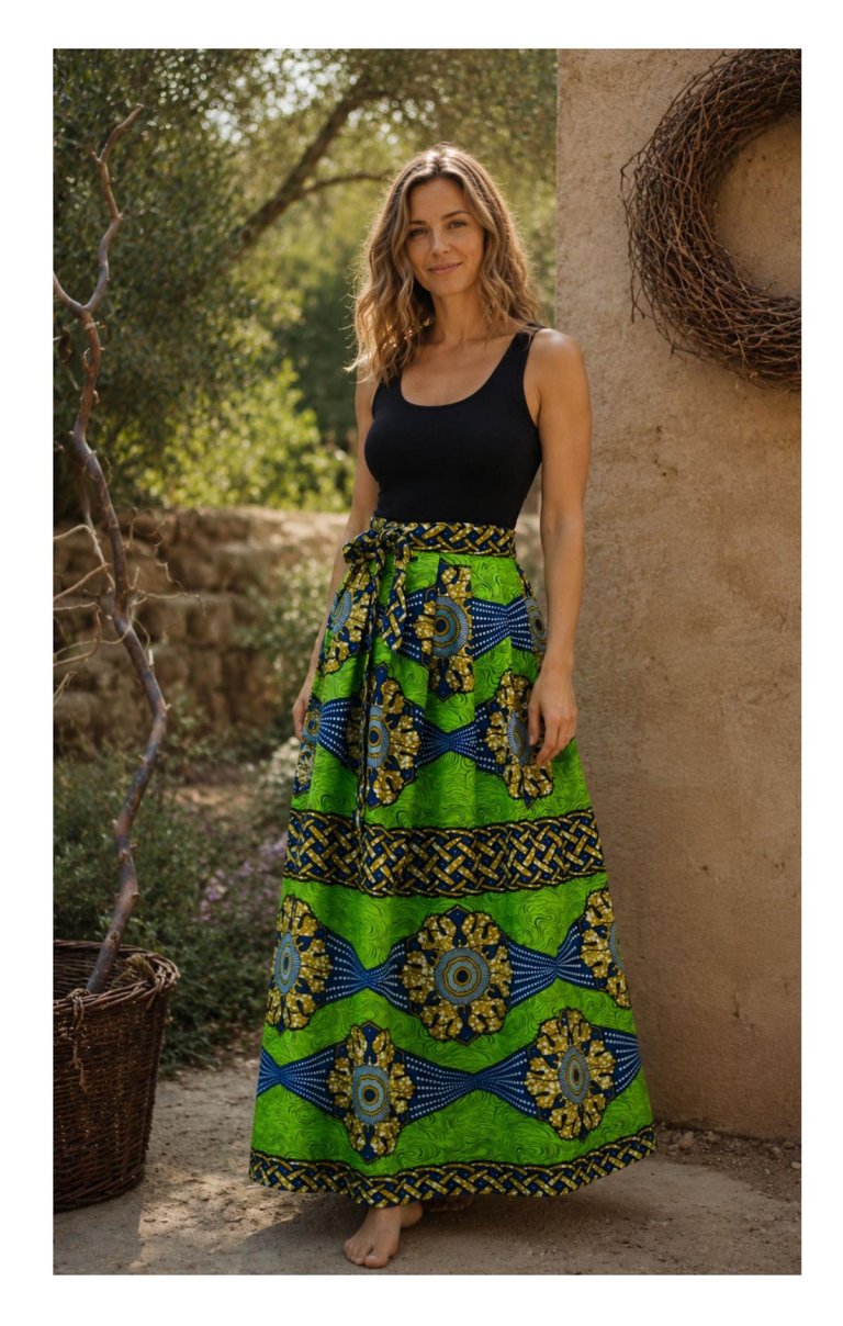Dlouhá, zavinovací sukně - Africa zelená s velkými květy L - XL
