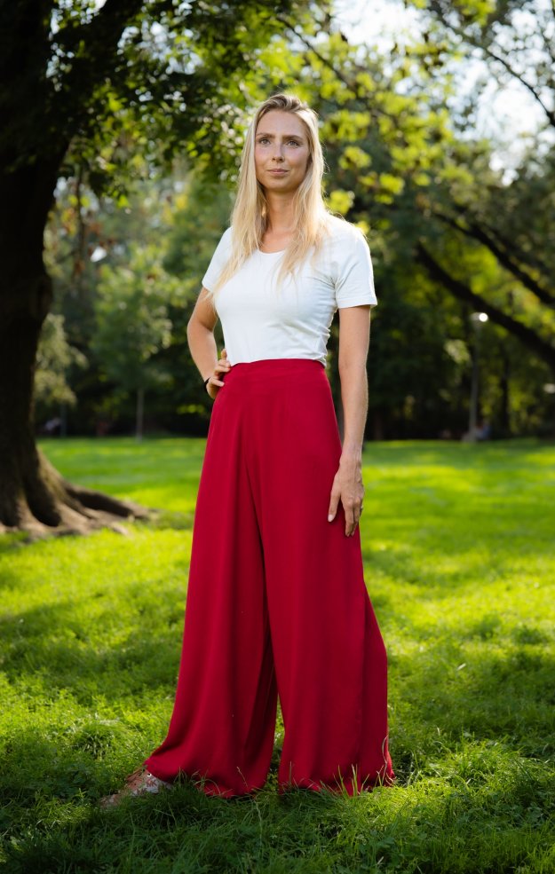 Rudé dámské zavinovací viskózové kalhoty