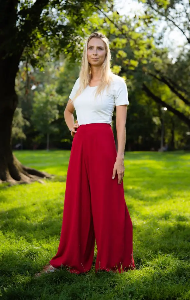 Rudé dámské zavinovací viskózové kalhoty