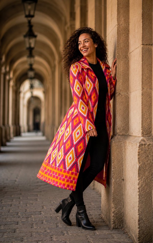 Kabát kente z originální africké látky – elegantní áčkový střih