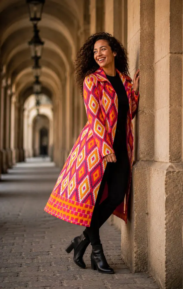 Kabát kente z originální africké látky – elegantní áčkový střih