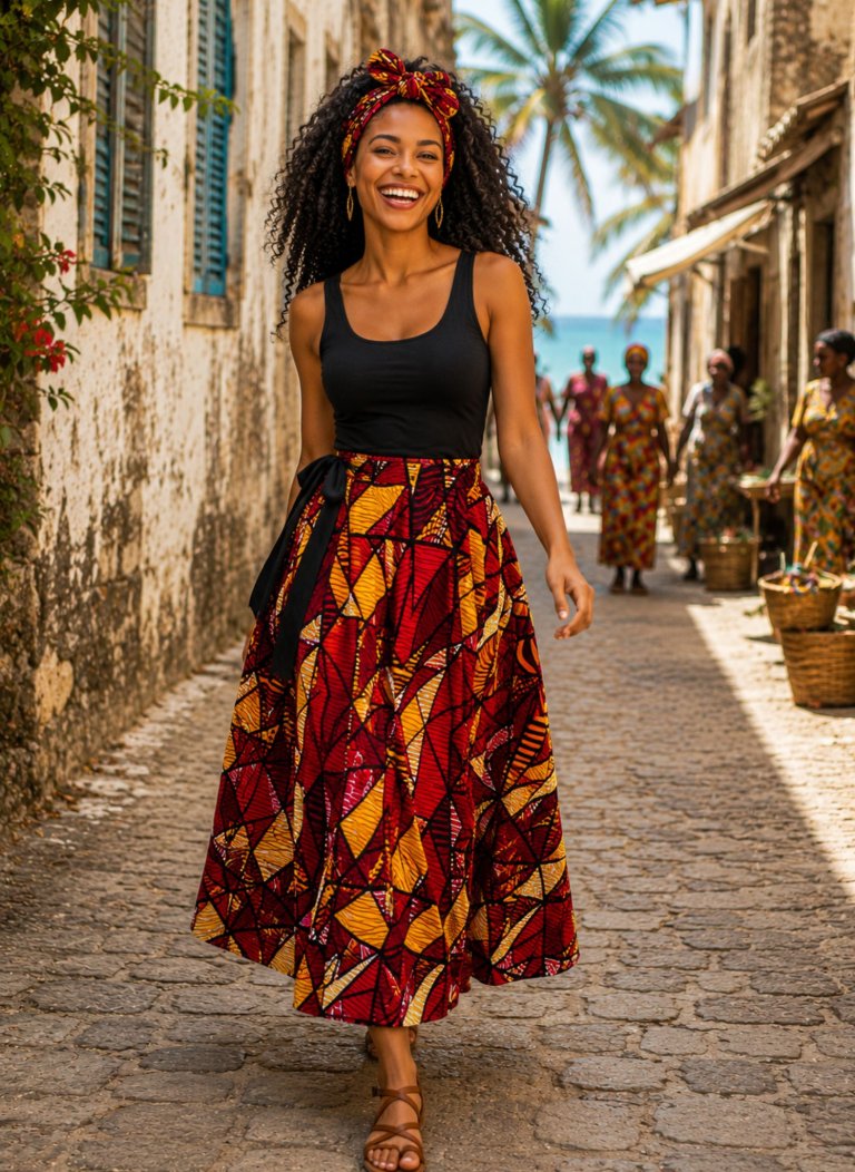 Dlouhá, zavinovací africká sukně - ohnivá