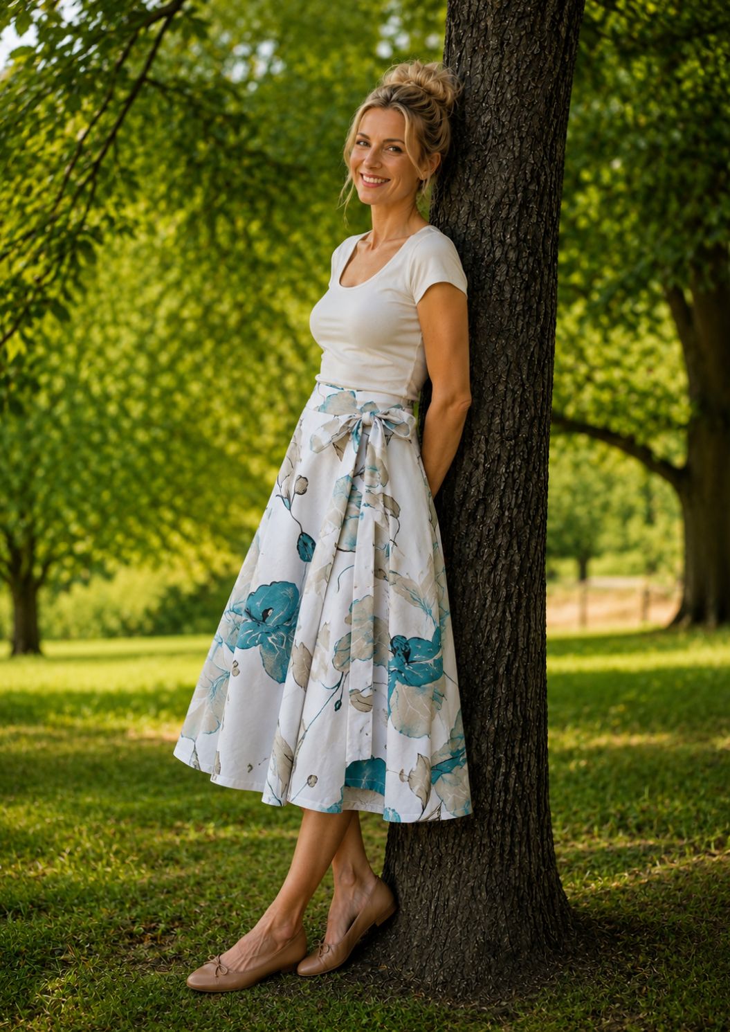 Kolová midi sukně - akvarelové květy